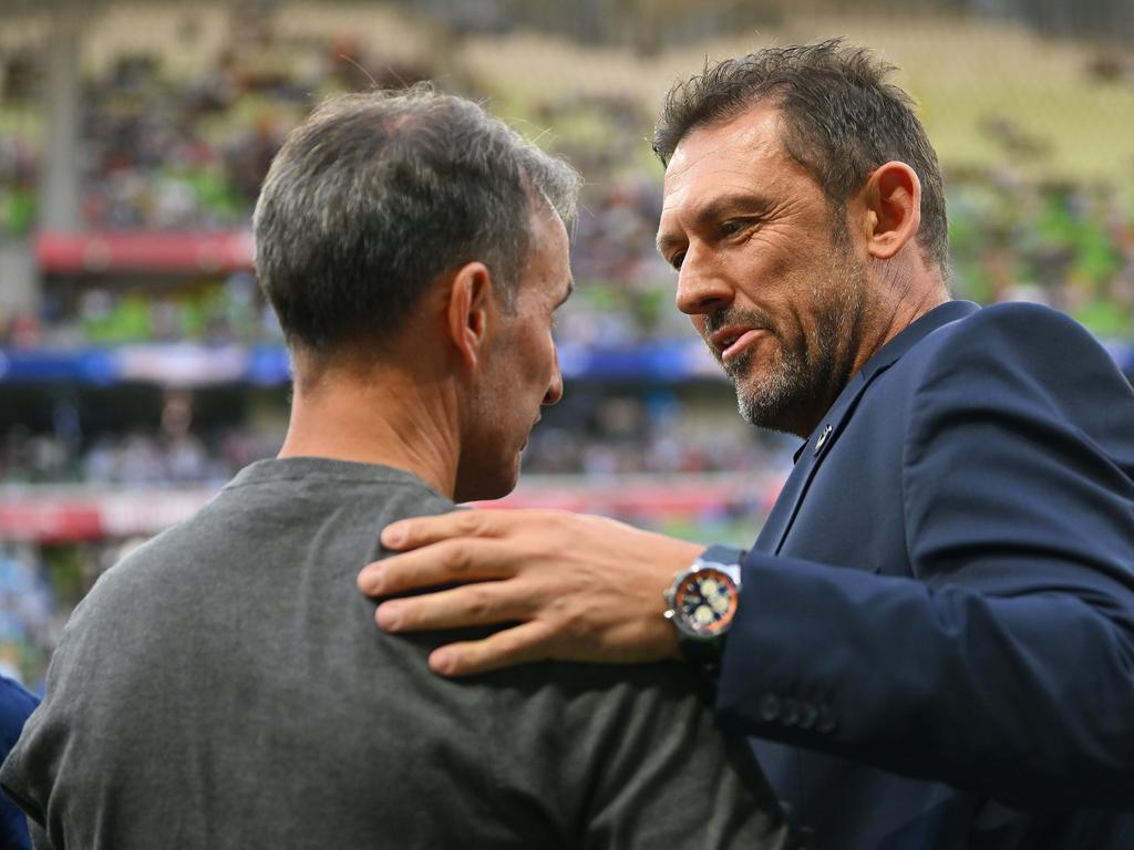 Rival coaches Tony Popovic (right) and Aurelio Vidmar have their teams primed for Sunday’s Melbourne derby. Picture: Morgan Hancock/Getty Images