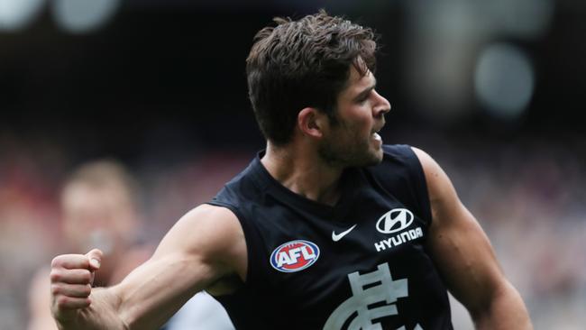 Levi Casboult after kicking a goal for the Blues during the Round 19 AFL match against the Crows at the MCG. Picture: AAP Image/David Crosling