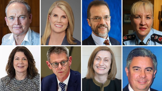 Clockwise from the top left: Justice Department Director-General David Mackie (formerly Director-General Public Service Commission Chief Executive); Deputy Director-General, State Schools Sharon Schimming; Parliamentary Counsel Tony Keyes; Police Commissioner Katarina Carroll; Communities and Housing Director-General Mark Cridland (current); Treasury Under Treasurer (Acting Under Treasurer) Maryanne Kelly; State Development Coordinator General Mike Kaiser (appt May 2022) and Premier and Cabinet Director-General Rachel Hunter.