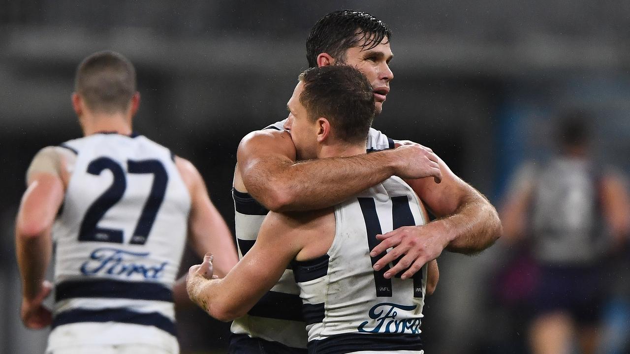 Tom Hawkins and Joel Selwood after Thursday night’s big win. Picture: Daniel Carson/AFL Photos