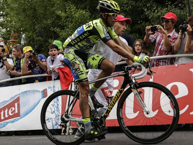 Spain's Alberto Contador, injured after a fall, is pictured after he crossed the finish line at the end of the 161km seventeenth stage of the 102nd edition of the Tour de France.