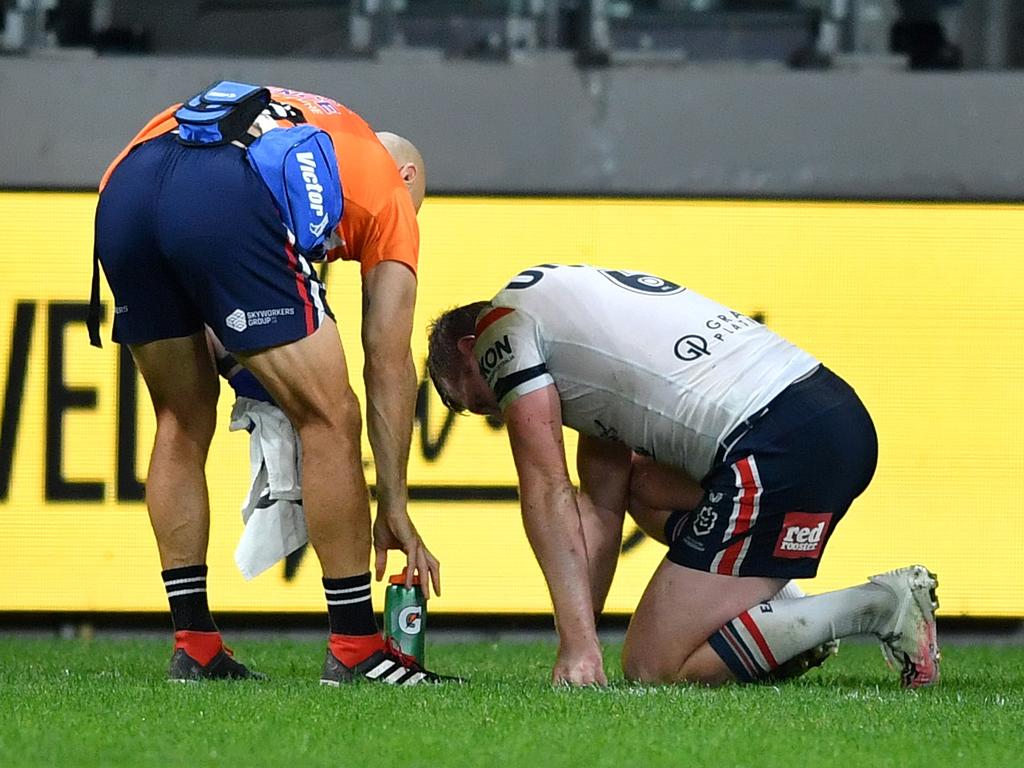 Brown’s hit left Hutchinson in agony. NRL Imagery