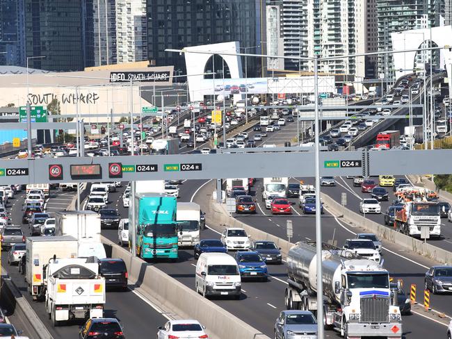 New laws that would extend CityLink tolls for a decade to help pay for the $6.7 billion West Gate Tunnel are set to be introduced to State Parliament this week. Peak hour congestion on the Westgate Freeway city bound.  Picture: David Caird