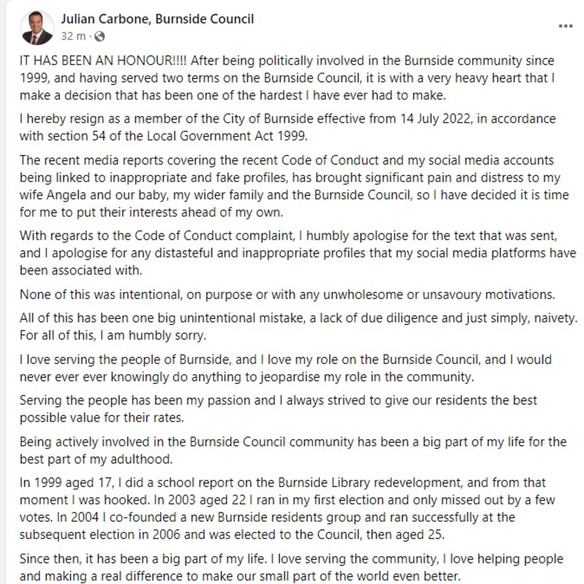 Julian Carbone’s resignation Facebook post