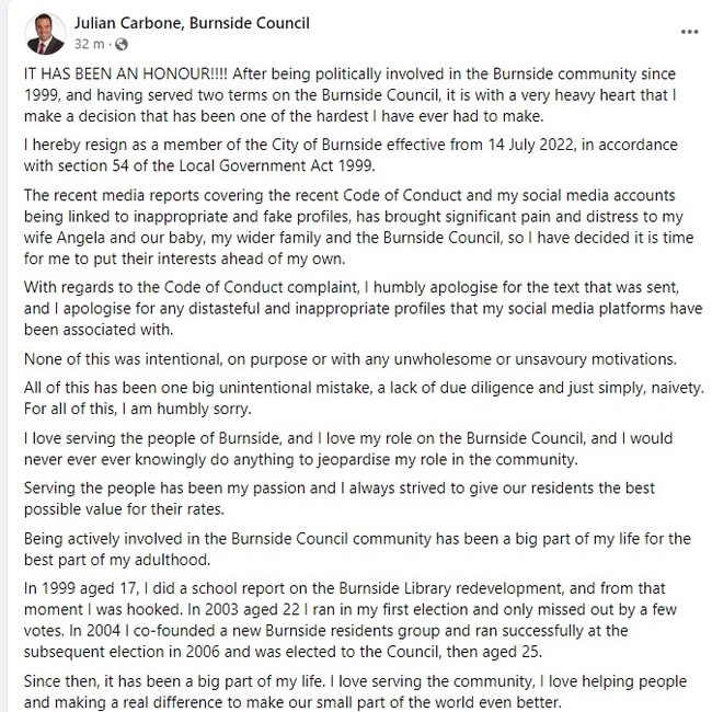 Julian Carbone’s resignation Facebook post