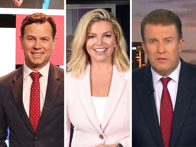 Television news presenters L-R: Mark Ferguson and Rebecca Maddern from Channel 7 and Peter Overton from Channel 9.