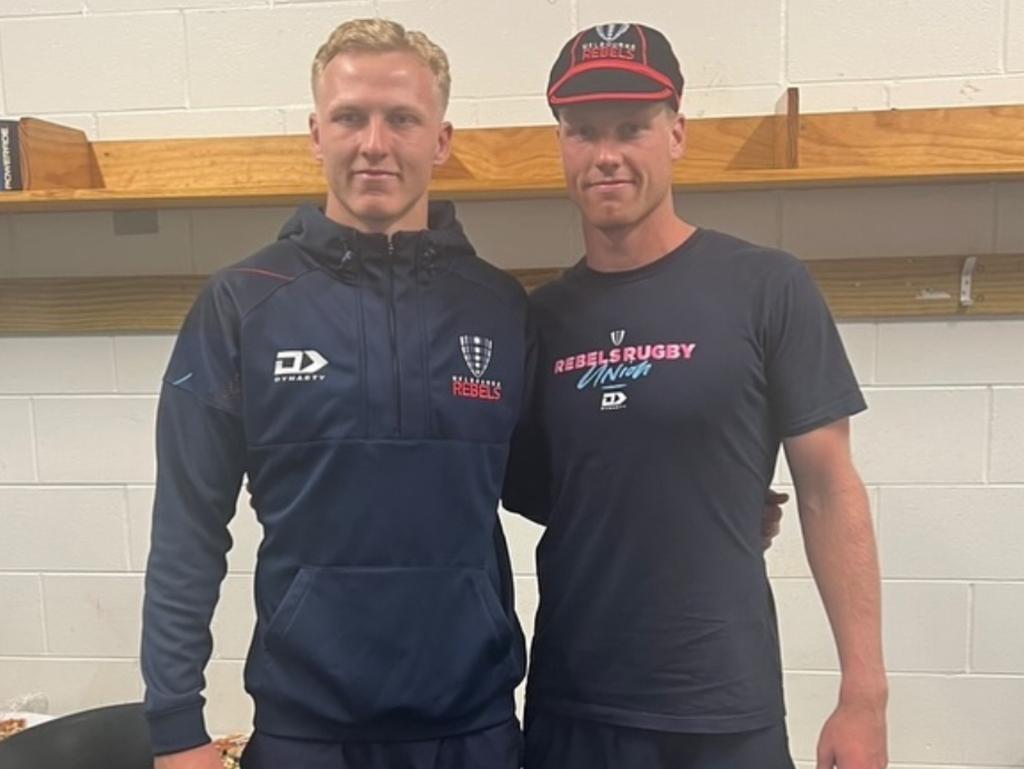 Mason Gordon (right) with older brother Carter Gordon following his Super Rugby debut for Melbourne Rebels in 2024.