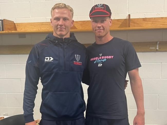Mason Gordon (right) with older brother Carter Gordon following his Super Rugby debut for Melbourne Rebels in 2024.