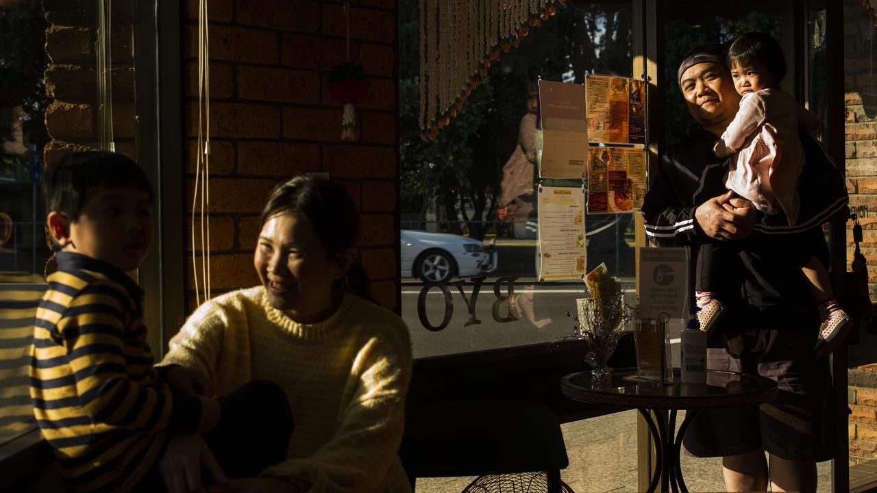 Pim (l) 40, and Dome (r) 42, Henchaichone, owners and chefs of Na SiamThai Restaurant in Narooma, NSW, with their children Lipo, 4 (l) and Lisha, 2 (r). Pim and Dome have owned the restaurant for 6 years and are grateful to Narooma locals who have supported them through the summer bushfires and the more recent period of covid-19 social distancing restrictions. Picture by Sean Davey.