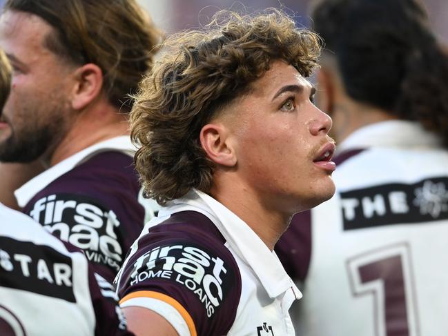 GOLD COAST, AUSTRALIA - AUGUST 03: Reece Walsh of the Broncos looks dejected during the round 22 NRL match between Gold Coast Titans and Brisbane Broncos at Cbus Super Stadium, on August 03, 2024, in Gold Coast, Australia. (Photo by Matt Roberts/Getty Images)