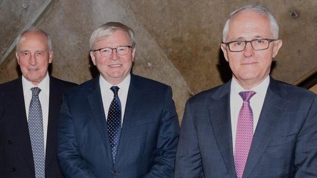 Former prime ministers Paul Keating, left, Kevin Rudd and Malcolm Turnbull. Picture: David Foote./ AUSPIC/DPS