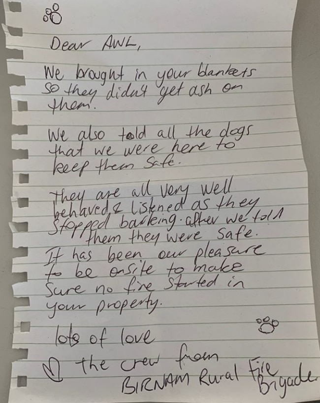 The note left by firefighters at the Animal Welfare League's Beenleigh Animal Rehoming Centre.