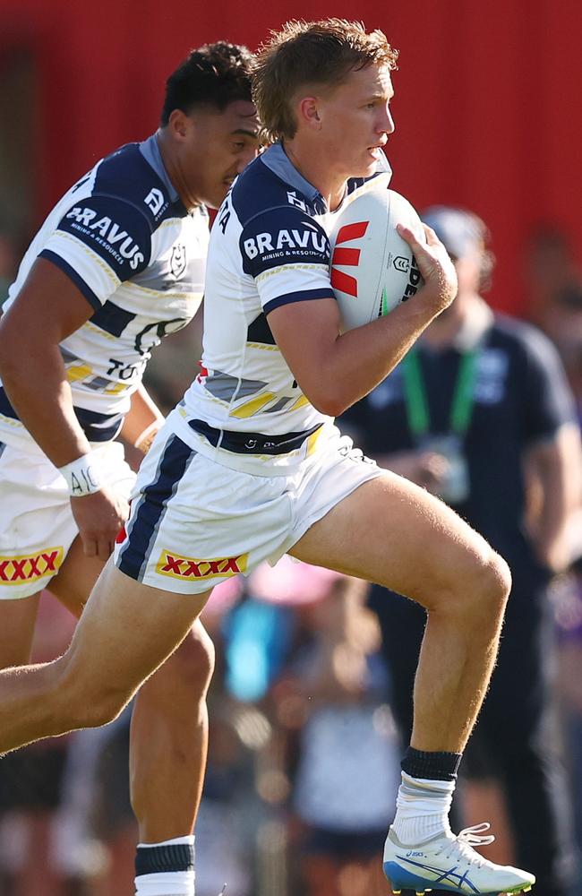 Jaxon Purdue makes a break for the Cowboys. Picture: Getty Images