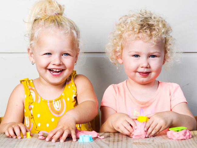 Fears over gluten play puts to rest.L-R: 2-year-olds (** both girls **) Evie Hill and Ari Newton from the Gold Coast. Picture: NIGEL HALLETT