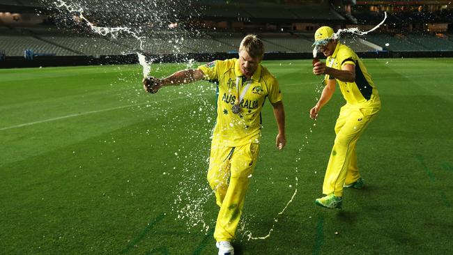 Here’s David Warner and Mitchell Starc just after 2am on the MCG after winning the 2015 ICC Cricket World Cup Picture: Phil Hillyard