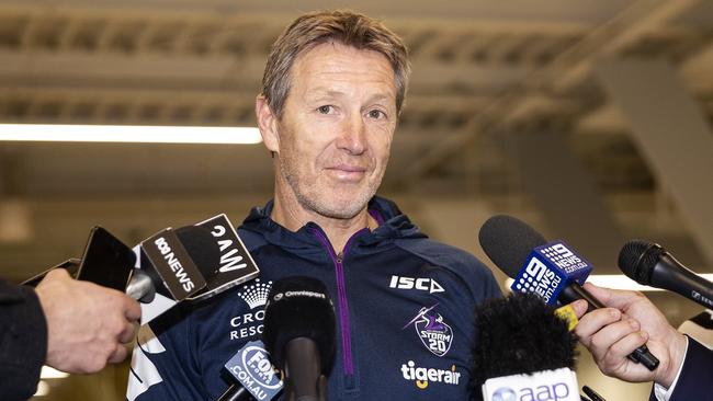 Melbourne Storm Coach Craig Bellamy speaks to the media at Melbourne Airport in Melbourne, Wednesday, May 23, 2018. (AAP Image/Daniel Pockett) NO ARCHIVING