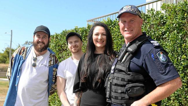 SAFETY FIRST: Zac, Cameron and Sonya Ryan from The Carly Ryan Foundation in Bundaberg with Senior Constable Mick Gray. Picture: Mikayla Haupt