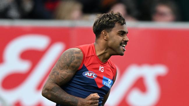 Kysaiah Pickett of the Demons celebrates a goal. (Photo by Steve Bell/Getty Images)