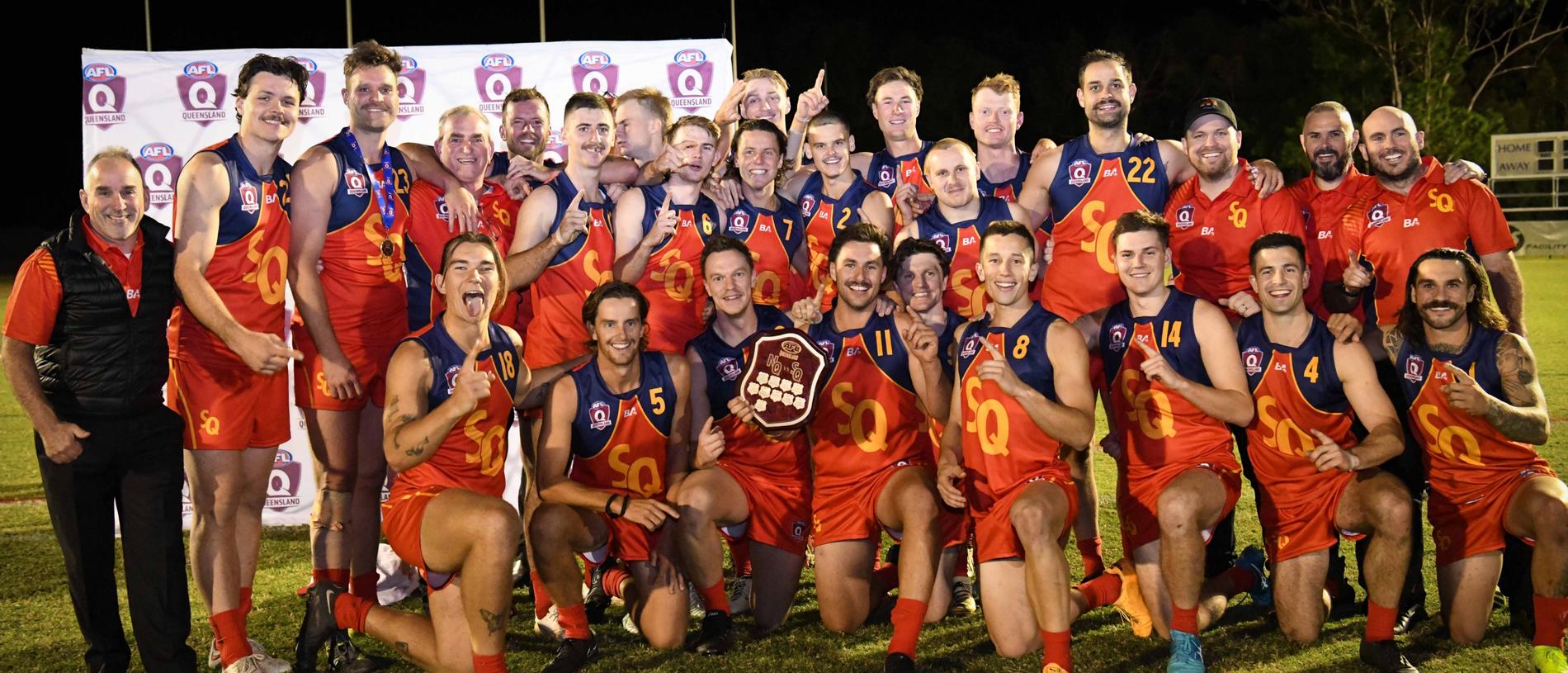 SQ celebrate their two-point win in the South Queensland vs North Queensland men's intrastate representative clash at Bond University Oval. Picture: Highflyer Images.