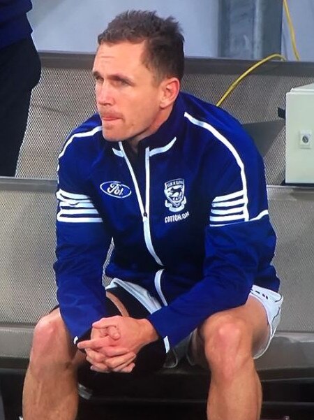 An injured Joel Selwood on the bench. Picture: Channel 7