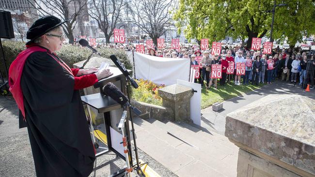 Save UTAS rally at Parliament lawns, Professor Pam Sharpe speaks. Picture: Chris Kidd