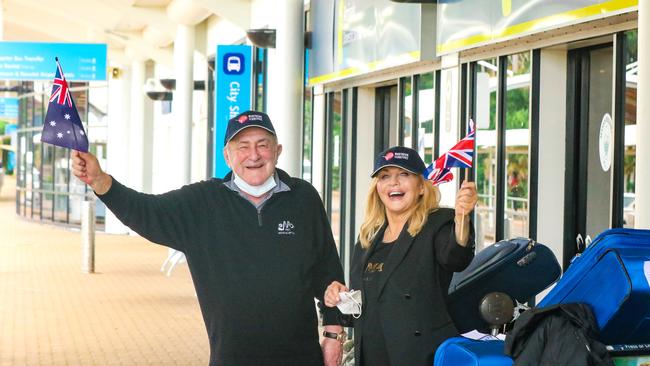 Marshall and Denise Capel clear customs as the first Qantas international flight out of London arrives in Darwin. Picture: Glenn Campbell