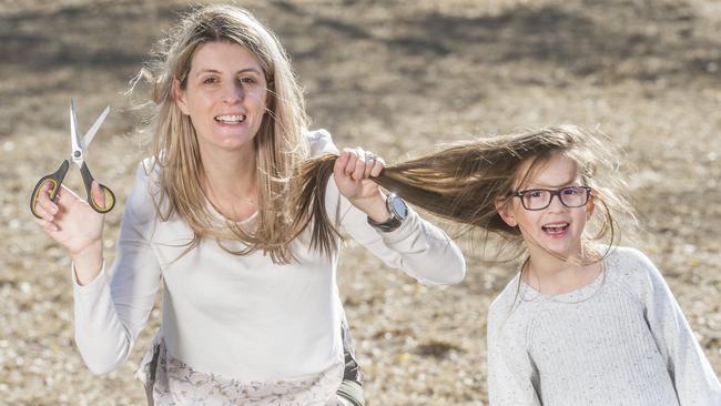 Six-year-old Amelia is donating her hair to help cancer survivors. With mum Daniela Mitrev. Picture: Rob Leeson