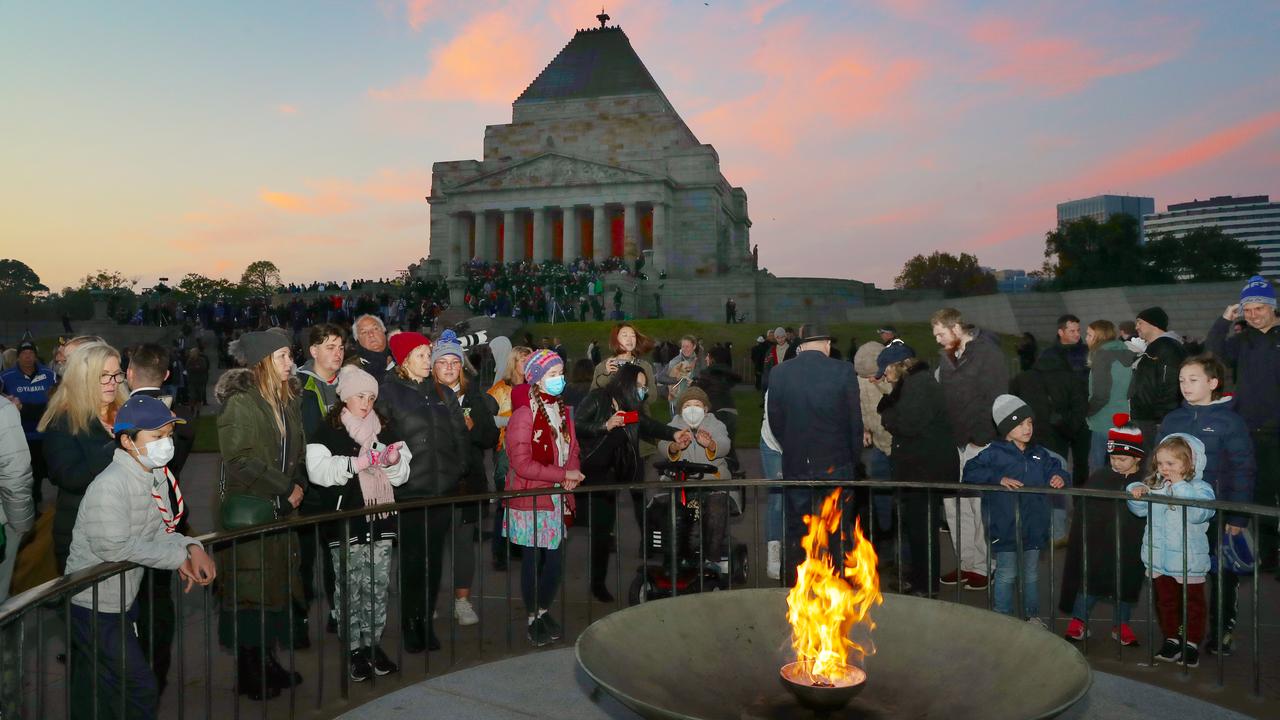 An estimated 50,000 people attended the Dawn Service at Melbourne’s Shrine of Remembrance as Anzac Day commemorations were held around the nation without restrictions for the first time since the Covid-19 pandemic started. Picture: David Crosling