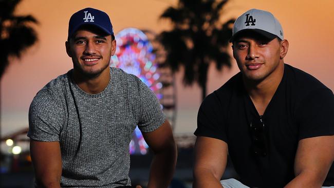 Jason Taumalolo and Valentine Holmes enjoy the Santa Monica sunset ahead of their Los Angeles NFL testing camp. Pic Nathan Edwards