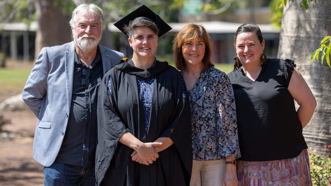 Jeff Appleby, Candice Appleby, Sharon Appleby and Caragh Hennan at the 2025 Graduation ceremony held at Charles Darwin University on May 20, 2025. Picture: Pema Tamang Pakhrin