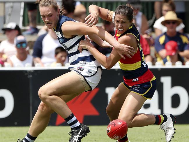 Renee Forth takes on Geelong’s Georgia Clarke during the 2019 AFLW season. PHOTO: SARAH REED