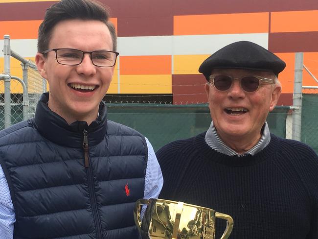 Melbourne Cup winning trainer Joseph O'Brien poses for a photo with part owner Lloyd Williams at Werribee Racecourse in Werribee, Wednesday, November 8, 2017. (AAP Image/Luis Ascui) NO ARCHIVING