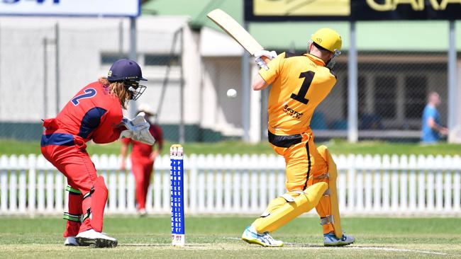 Glenelg’s Tom Plant bats in Saturday’s one day game against East Torrens at Glenelg Oval. Picture: AAP/ Keryn Stevens