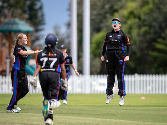 Swans captain Nicola Hudson celebrates taking a catch off the bowling of Farrah Cody. Picture: Julian Andrews