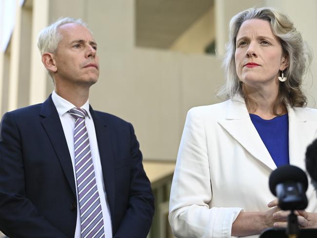 CANBERRA, AUSTRALIA, NewsWire Photos. MARCH 27, 2024: Minister For Home Affairs, Clare O'neil and Minister For Immigration, Citizenship And Multicultural Affairs, Andrew Giles hold a press conference at Parliament House in Canberra. Picture: NCA NewsWire / Martin Ollman