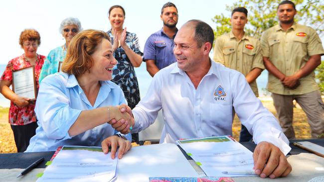 Premier Annastacia Palaszczuk and former deputy premier Jackie Trad with QYAC’s Cameron Costello at the Quandamooka Land Handover Ceremony in December 2019. Picture: Jack Tran / Office of the Premier