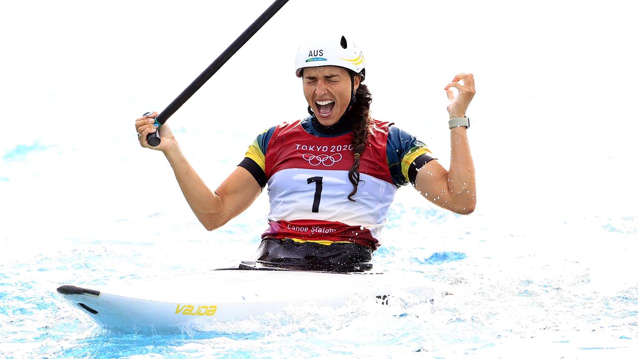 Jess Fox’s celebration after winning gold at Tokyo was a ripper. Picture: Adam Head