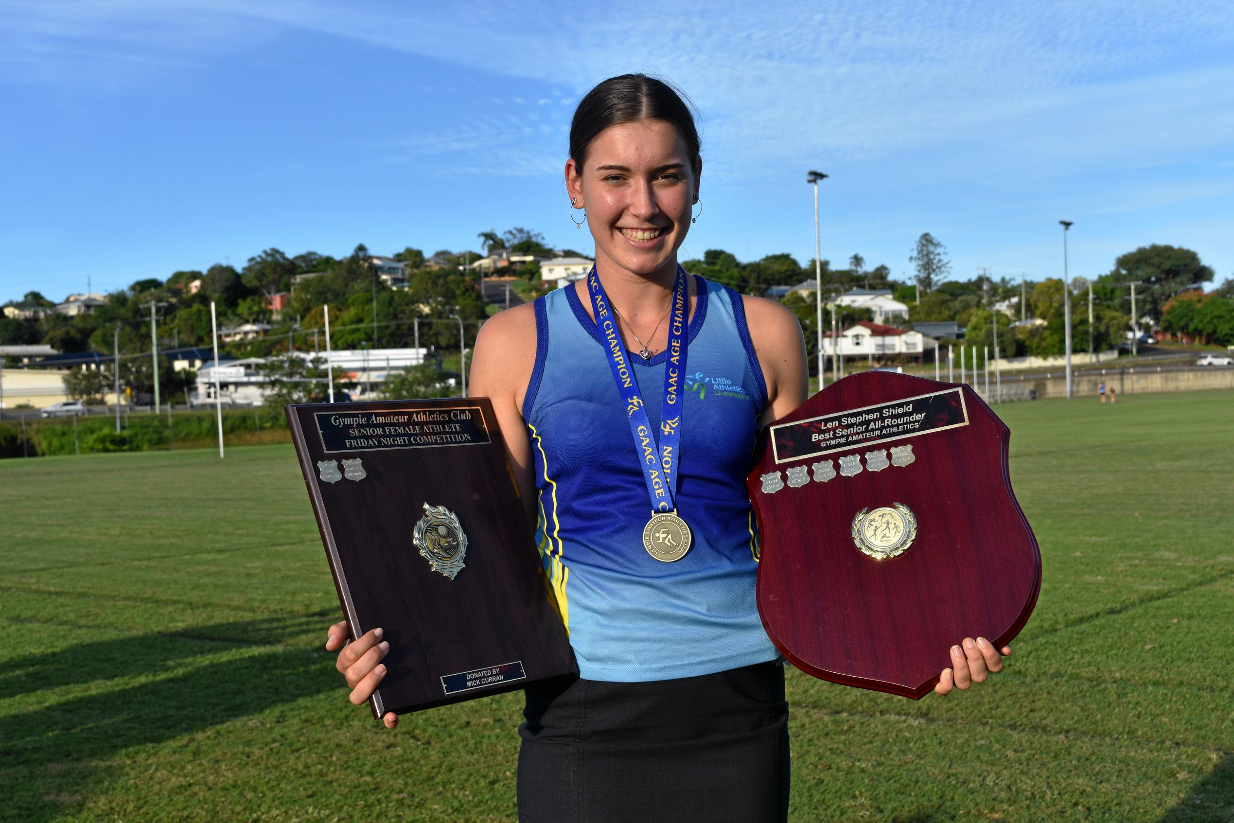 Athletics - Under 18 female age champion, Mick Curran Shield Senior Female Athlete and Thomson Family Shield Most Points Friday Night Competition Female and Len Stephen Shield under 16 - Senior all rounder Chantelle Chippindall. Picture: Bec Singh