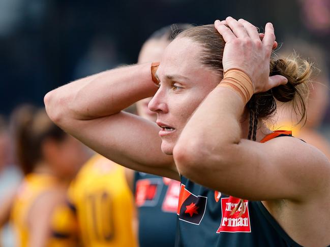 MELBOURNE, AUSTRALIA - OCTOBER 19: Pepa Randall of the Giants looks dejected after a loss during the 2024 AFLW Round 08 match between the Hawthorn Hawks and the GWS Giants at Kinetic Stadium on October 19, 2024 in Melbourne, Australia. (Photo by Dylan Burns/AFL Photos via Getty Images)