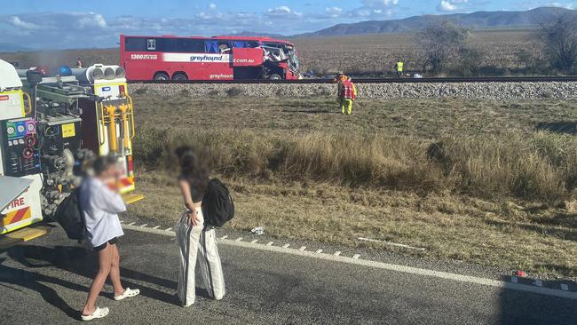 California teacher Piezy Marie shared these images of the aftermath of the Greyhound bus crash that killed three people near Gumlu in North Queensland. She was on the second row of the bus, narrowly escaping serious injury. Photo: Facebook