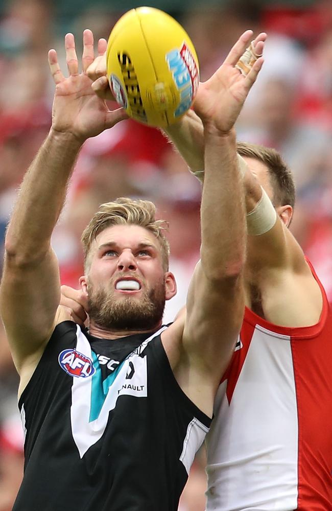 Strong hands ... Jackson Trengove marks for Port Adelaide against Sydney at the SCG. Picture: Mark Kolbe (Getty Images)