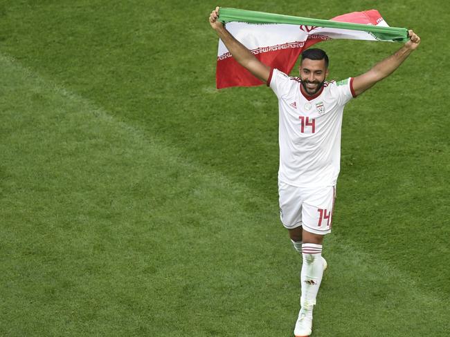 Saman Ghoddos celebrates his team’s big win. Picture: AFP