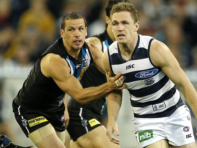 2nd Semi-Final Geelong v Port Adelaide.Picture Wayne Ludbey. Travis Boak and Joel Selwood,