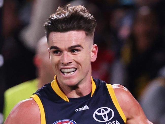 ADELAIDE, AUSTRALIA - JULY 29: Chayce Jones and Ben Keays of the Crows celebrate a goal during the 2023 AFL Round 20 match between the Adelaide Crows and the Port Adelaide Power at Adelaide Oval on July 29, 2023 in Adelaide, Australia. (Photo by Sarah Reed/AFL Photos via Getty Images)