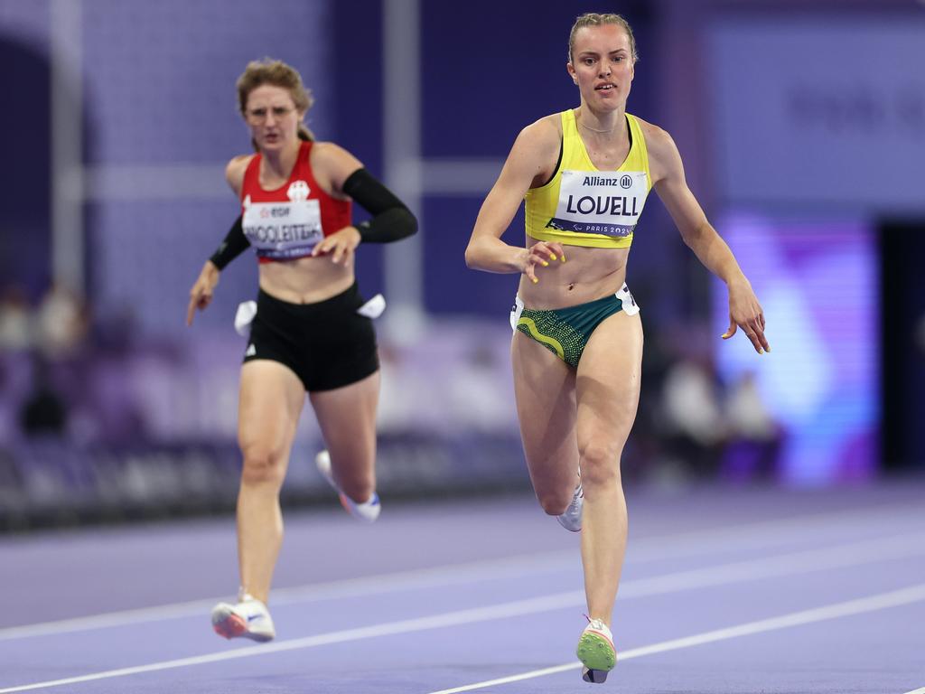 Mali Lovell of Australia, right, seen competing against Nicole Nicoleitzik of Germany during round one of the women's 200m T36, ultimately won a bronze medal on debut at the event. Picture: Michael Steele/Getty Images