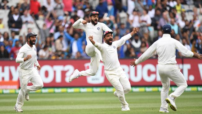 Indian players celebrate after winning the Boxing Day Test match in 2018. Picture: AAP