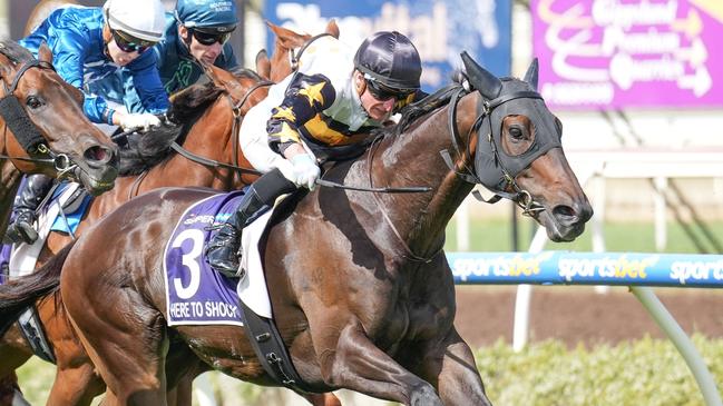 Here To Shock (NZ) ridden by Daniel Stackhouse wins the The Sportsbet Supernova at Sportsbet Pakenham on December 21, 2024 in Pakenham, Australia. (Photo by Scott Barbour/Racing Photos via Getty Images)