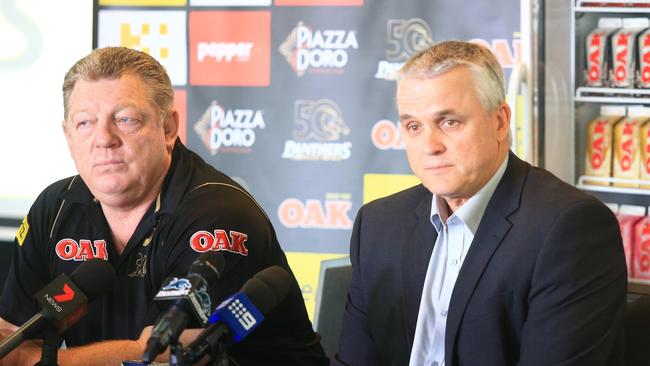Phil Gould, left, announces Anthony Griffin, as the new Penrith Coach at Pepper Stadium, Penrith. pic Mark Evans