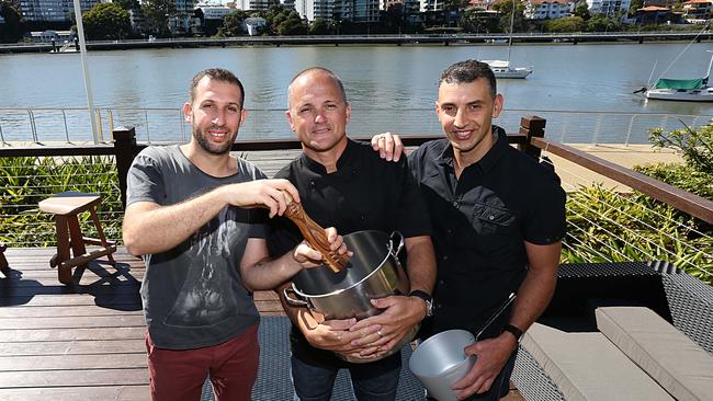 (L to R) Stavros Georges, Patrick Panier and Nick Pavlakis on the deck at Medley. Picture: Annette Dew