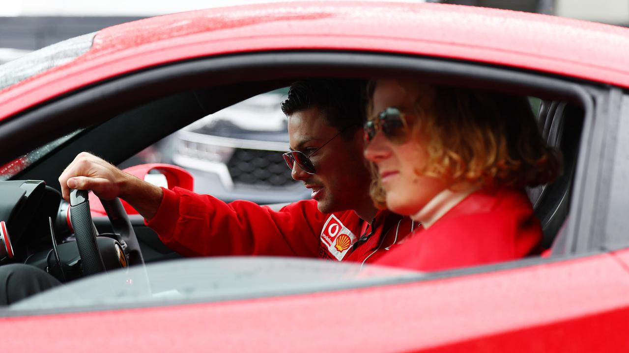 Ollie Henry and Sam De Koning arrive in a Ferrari at Geelong’s end of season celebration at the Wharf Shed on September 25, 2024 in Geelong, Australia. Photo by Morgan Hancock/Getty Images.